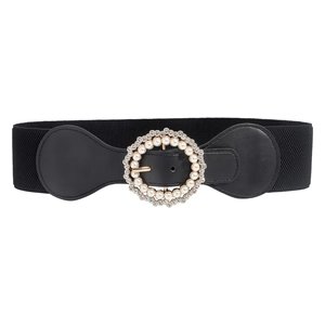 Cintura elastica nera da donna con elegante fibbia circolare con perle e strass lucidi