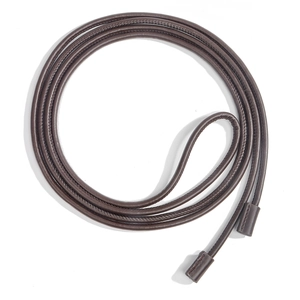 Close-up of thin dark brown PU leather waist rope with fine stitching and smooth texture