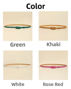 Lot de quatre fines ceintures de mode en vert, kaki, blanc et rose avec boucles carrées