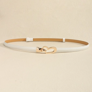 Women's slim white leather belt with a polished gold heart-shaped buckle for dresses