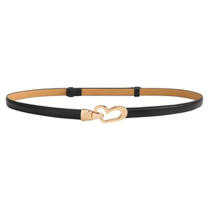 Women's slim black leather belt with a polished gold heart-shaped buckle for dresses