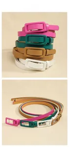 Présentation à plat de fines ceintures en cuir pour femmes en quatre couleurs avec boucles carrées