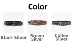 Detail of scalloped edge western belts with silver studs in black, brown and dark coffee