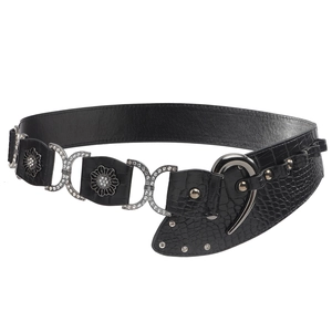Ceinture noire en cuir PU gaufré crocodile avec anneaux strass et boucles en métal floral