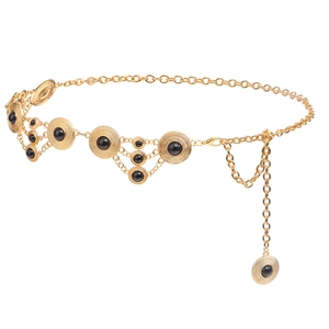 Exotic golden metal waist chain with black stones and bohemian concentric circle charms