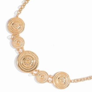 Vintage golden sun relief metal belt chain for women with sunburst engraved charms
