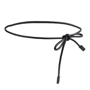 Minimalist black PU leather thin waist rope with decorative bow and cylindrical ends