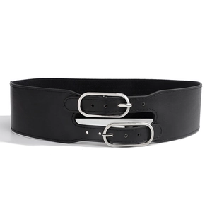 Ceinture large noire pour femme avec double boucle ovale en métal argenté style minimaliste