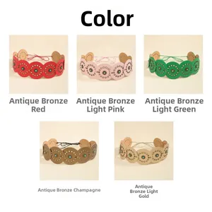 Detail showing five colors of bohemian leather belts with turquoise studs and cord ties