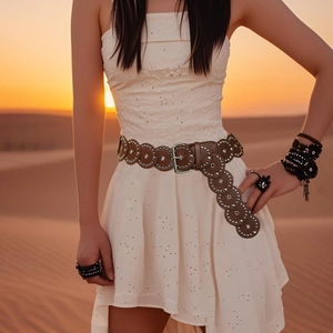 Brown vintage belt with round metal rivets on white lace dress in desert sunset scenery