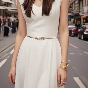 Détail d'une fine ceinture en métal doré avec boucle double D en strass sur une robe blanche