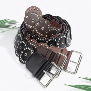 Women's western cowboy leather belts with round rivets in black, dark brown, and tan colors