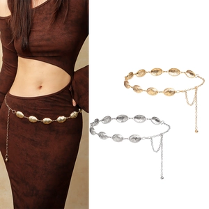 Women's Vintage Metal Oval Engraved Waist Chain Belt Adjustable Bohemian Dress Accessory Elegant Link Chain For Party