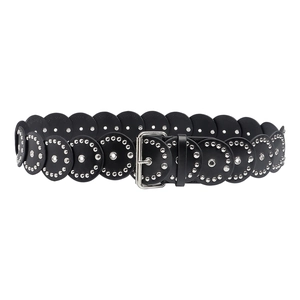 Western style black belt with round silver studs and a classic metal square buckle