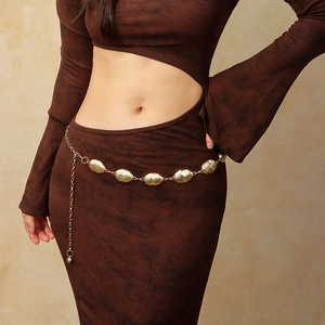 Golden textured oval link chain belt for women, high-end fashion waist chain accessory
