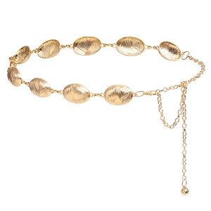 Elegant gold oval chain belt with sunburst textured metal links for stylish women's dresses