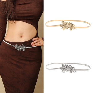 Cintura a Catena in Vita in Metallo Elastico da Donna Elegante Doppia Fibbia a Fiore Decorativa per Vestiti Oro Argento