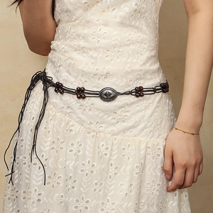 Bohemian Ethnic Braided Wax Rope Waist Chain For Women Vintage Wood Bead Tassel Belt Alloy Metal Plate Decoration Clothing Accessory