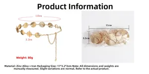 Detail of gold metal waist chain belt with spiral texture round discs and lobster clasp