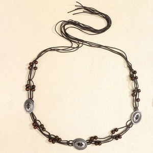 Bohemian retro braided waist chain with ethnic wooden beads and vintage metallic charms
