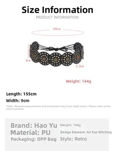 Size chart showing 155cm length and 9cm width for this Western retro PU leather belt
