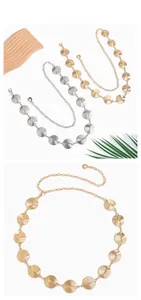 Detail of adjustable metal waist chain with spiral texture discs for women's dresses