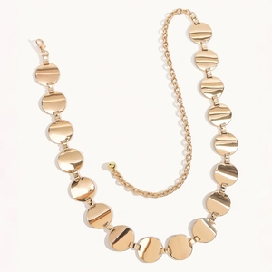 Minimalist gold metal waist chain belt with polished circular plates for summer dresses
