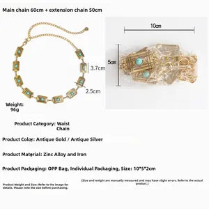 Detailed specs of turquoise metal waist chain with 60cm main and 50cm tail links