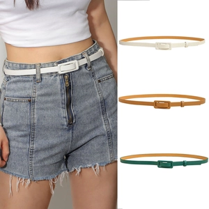 Mode Femmes Ceinture Mince en Cuir PU Boucle Carrée Minimaliste Couleur Unie Sangle de Taille Mince Pour Jeans Robe Accessoire