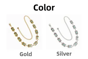 Detail view of bohemian turquoise metal waist chains in gold and silver finish
