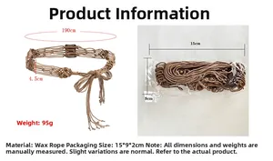 Détail de la ceinture bohème en corde cirée avec perles en bois et vue emballage