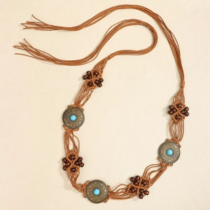 Bohemian braided waist belt with turquoise turquoise accents and vintage bronze disks