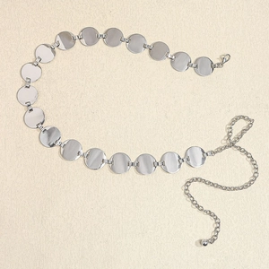 Polished silver metal waist chain belt with connected round discs and lobster clasp closure