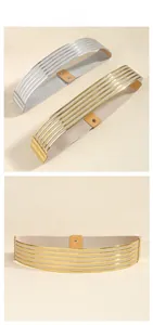 Détail de ceintures élastiques avec bandes métalliques parallèles dorées et argentées