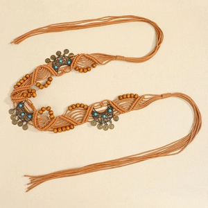 Bohemian Handwoven Wax Cord Belt For Women Ethnic Vintage Tassel Waist Chain With Wood Beads Metal Moon And Turquoise