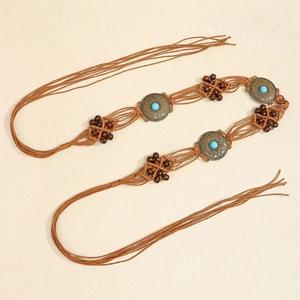 Bohemian braided waist chain with turquoise beads and bronze coins for summer dresses