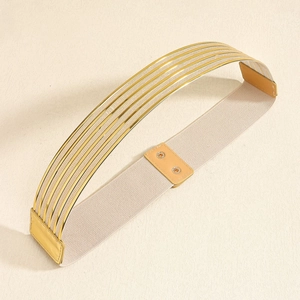Détail des barres métalliques dorées et bande élastique beige avec boutons-pression de ceinture