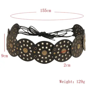 Bohemian rivet stud waist belt with circular leather discs and adjustable tie closure