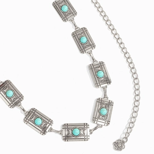 Bohemian silver metal chain belt with turquoise stones and geometric sunburst engravings