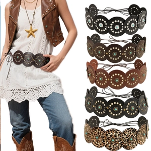 Bohemian Vintage PU Leather Belt For Women Circular Discs Metal Eyelets Artificial Turquoise Decoration Tie-Up Wasteland Style Waistband