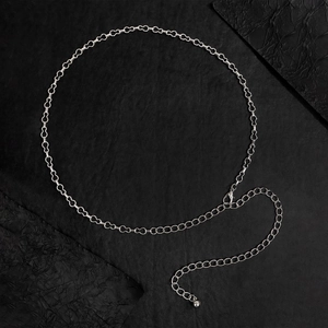 Dettaglio della catena in metallo argento con chiusura a moschettone ed estensione regolabile