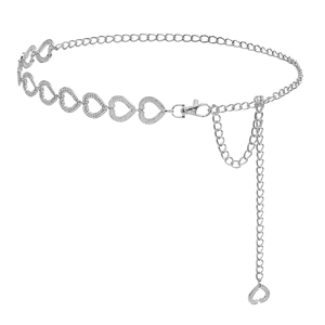 Chaîne de taille argentée avec cœurs en métal et strass brillants, longueur réglable