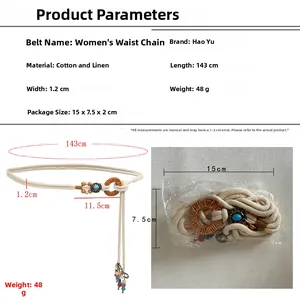 Detailed size specifications for bohemian woven waist chain with cotton linen material