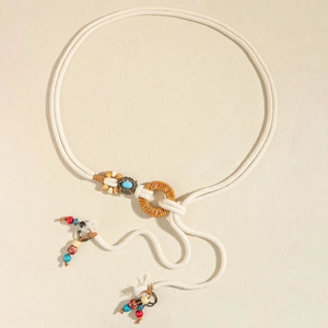Bohemian Ethnic Hand-Woven Braided Waist Chain For Women Cotton Rope Belt With Wood Ring Turquoise Tassel Vacation Accessory