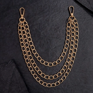 Detailed view of triple-layered golden metal chains with secure lobster clasps
