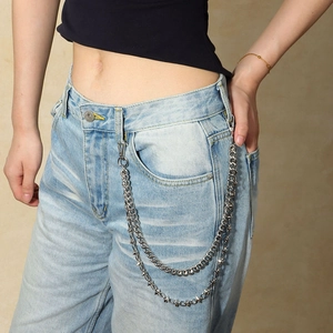 Catena doppia per pantaloni in metallo argento stile punk con borchie per look hip-hop