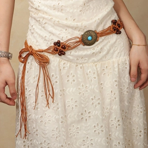 Bohemian Ethnic Style Hand-Braided Wax Cord Waist Chain Belt For Women Retro Metal Buckle Artificial Turquoise Wood Beads Tassel
