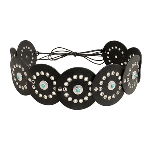 Ethnic style black leather waist belt with turquoise inlays and silver metal eyelets