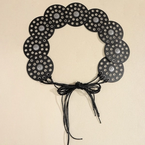 Bohemian women's black leather belt with hollow metal eyelets and floral silver studs