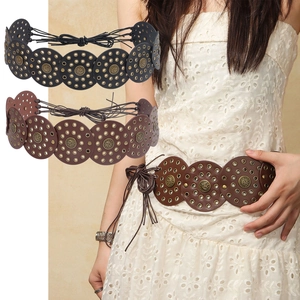 Women Vintage Bohemian PU Leather Waist Belt Retro Western Round Disc Eyelet Cinch Belt With Tassel Tie Up Corset Belt